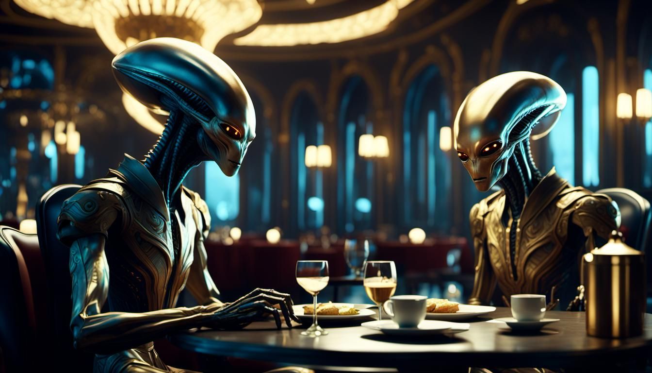 Two aliens on a date in a fancy restaurant.