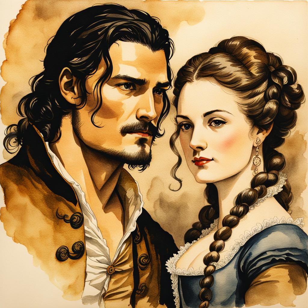 Will Turner and Elizabeth Swan, 18th century  ink drawing wa...