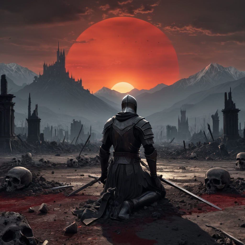 Wounded knight sits on the battlefield watching the sunset