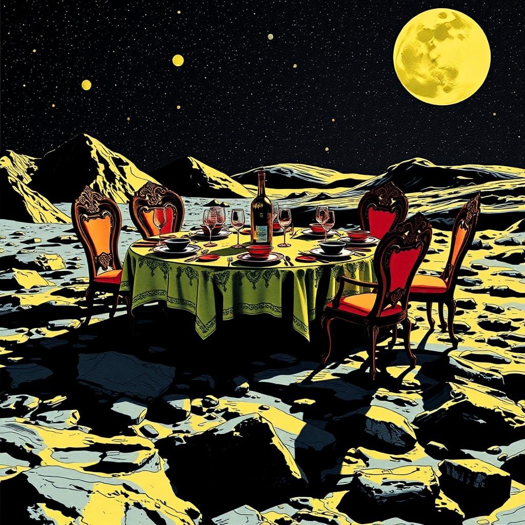 epic scene of a fully set dining room table on the moon but ...