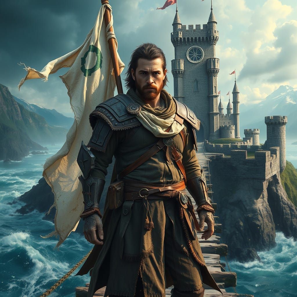 Worn Warrior Stands at Ruined Bridge's Edge, White Flag of P...
