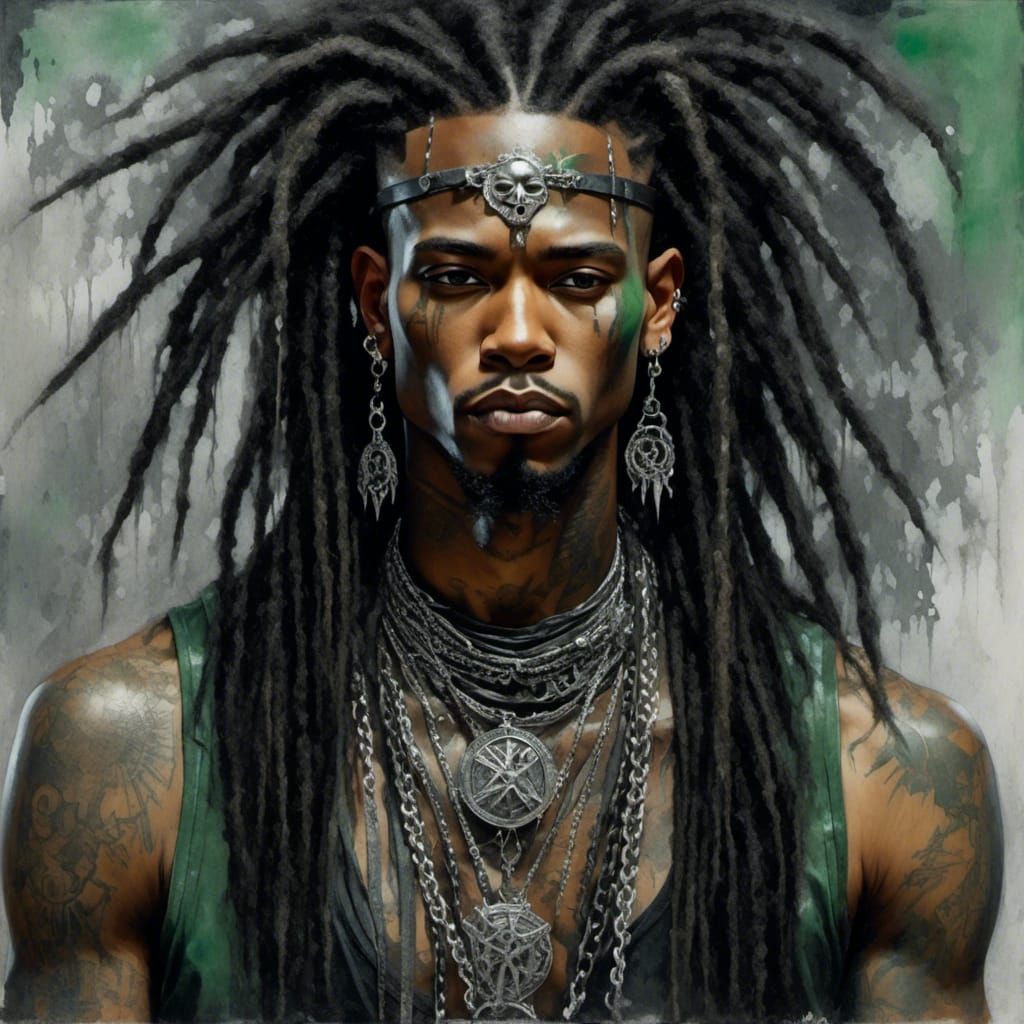 <lora:Artistic metal:1.0> black man, long dreadlocks, green, intricate spiked metalhead jewelry, spiked jewelry, spikes, tattoos, spiked cho...