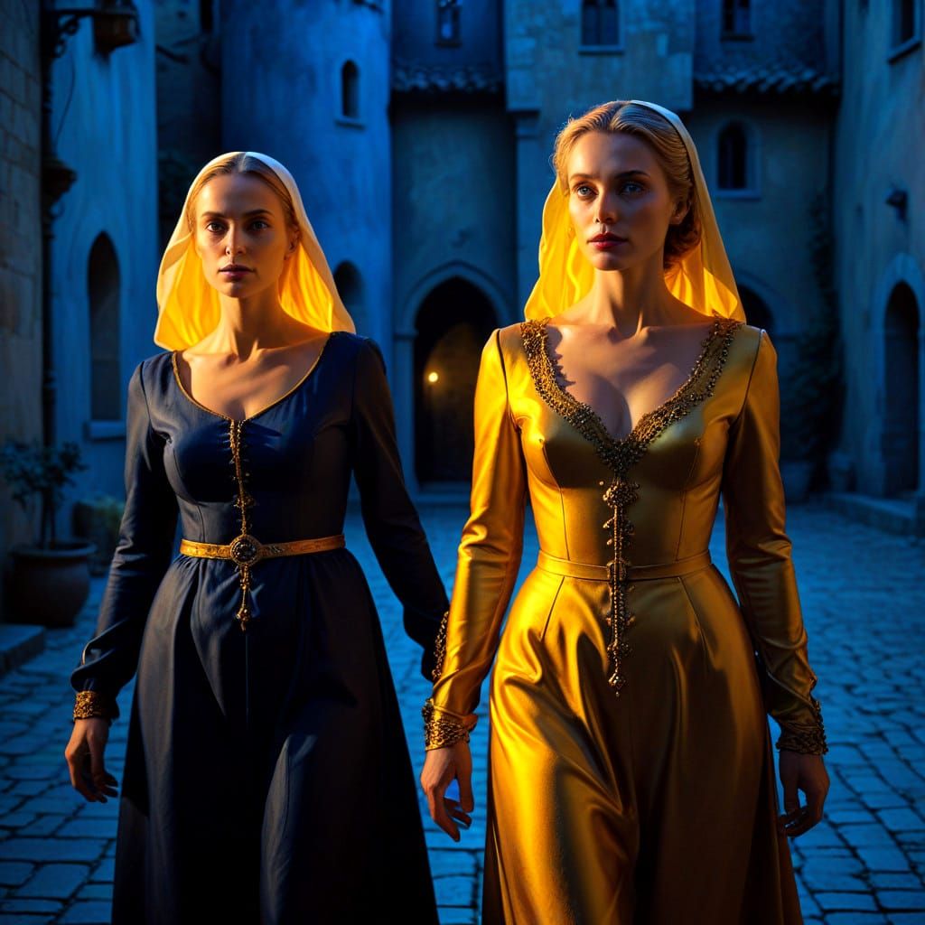 Ethereal Ladies Under Starlight in a Medieval Castle Courtya...