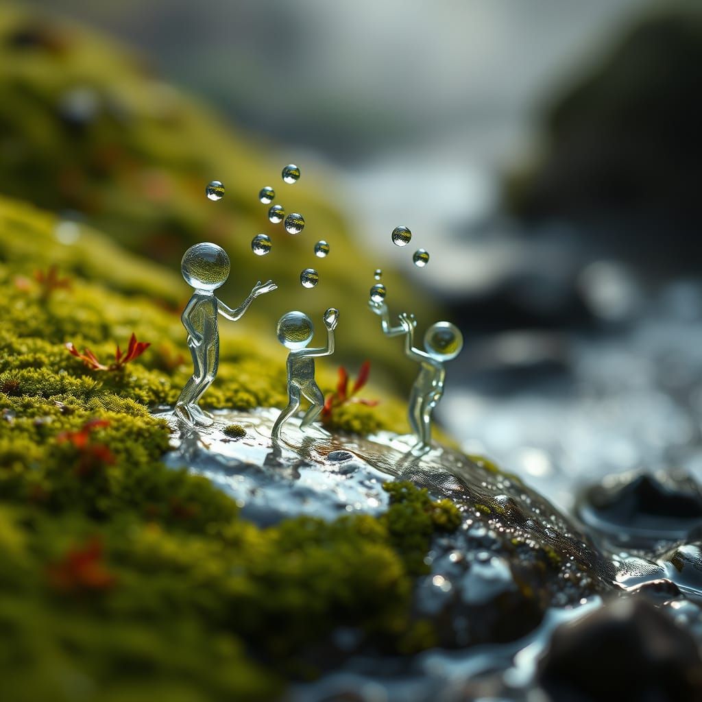 A poetic and cinematic video of two miniature water beings, sculpted from glistening liquid glass, coming ...  by @LianaYa