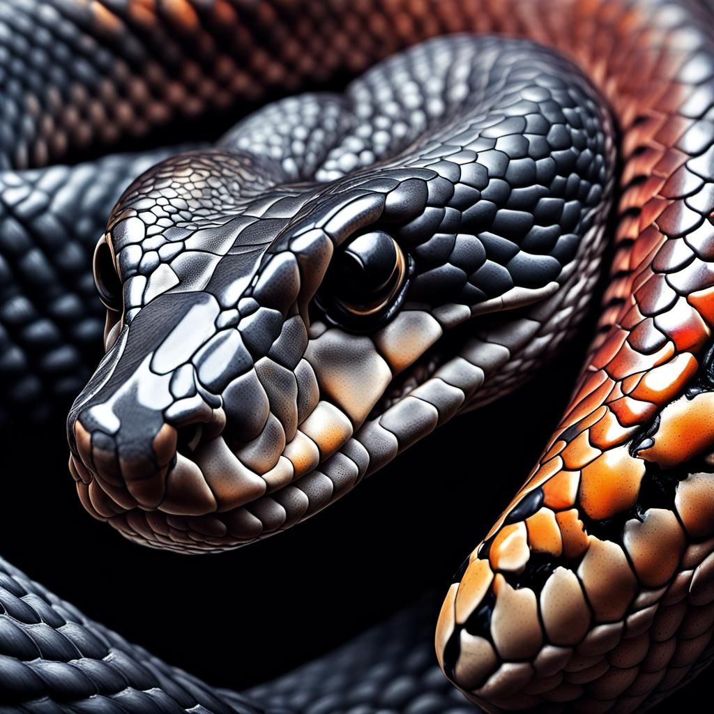 A highly detailed extreme close-up of a Black mamba cobra head, Hypnotic, intricate details, vibrating ...  by @Tildar