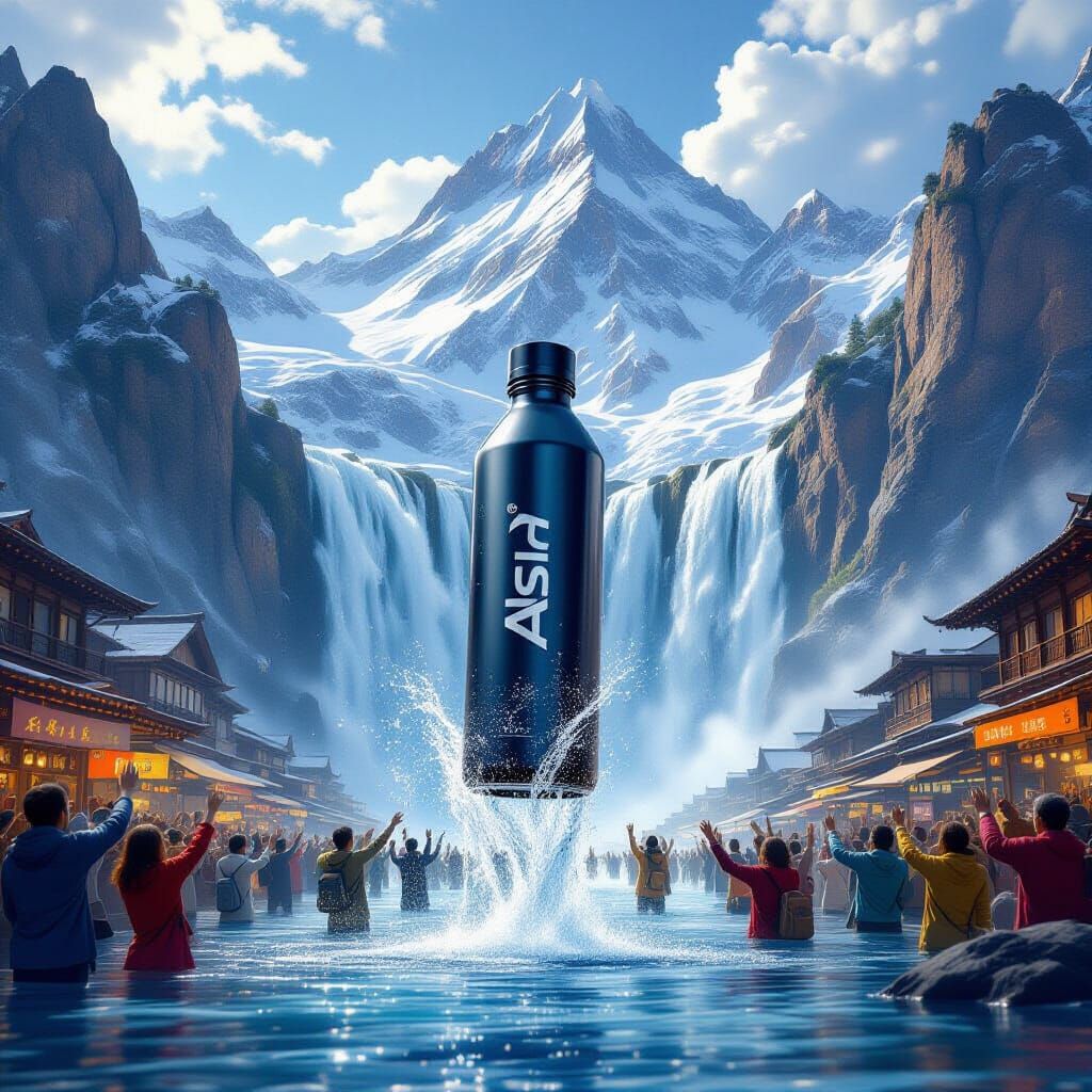 A water bottles with the brand name of Asia floating from the waterfall in the upper mountains and spreading all over the market and people ...