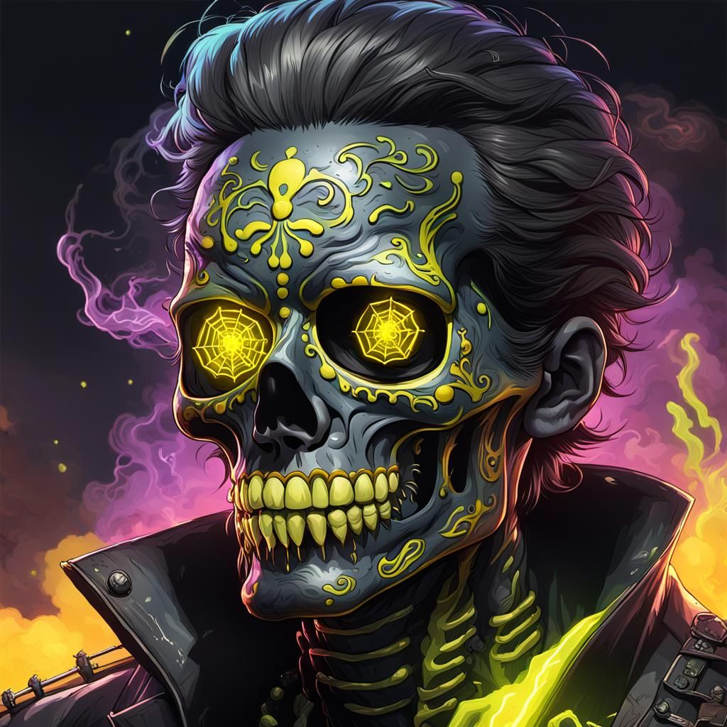 Black chrome 1941 Day of the Dead zombie man smoking with sm...