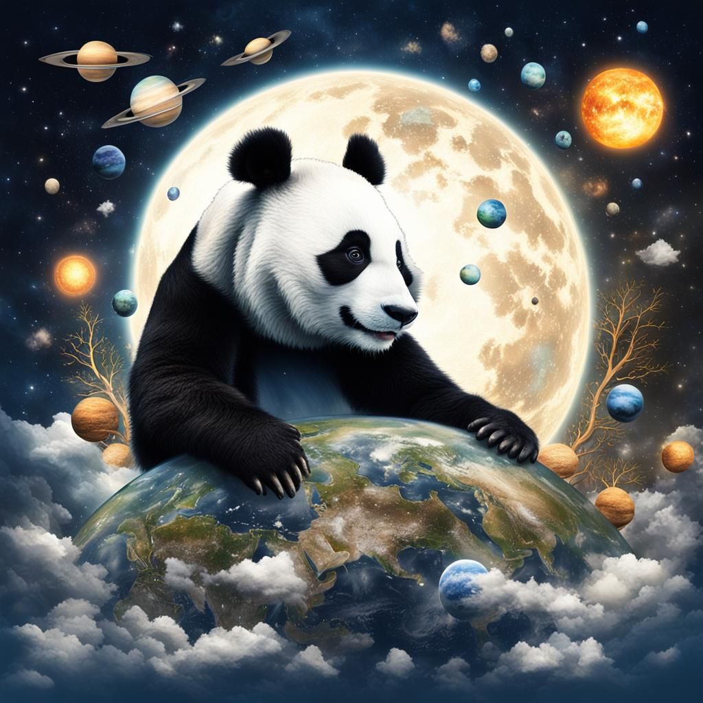 The panda is the center of the universe. Planets, stars, 
A ...