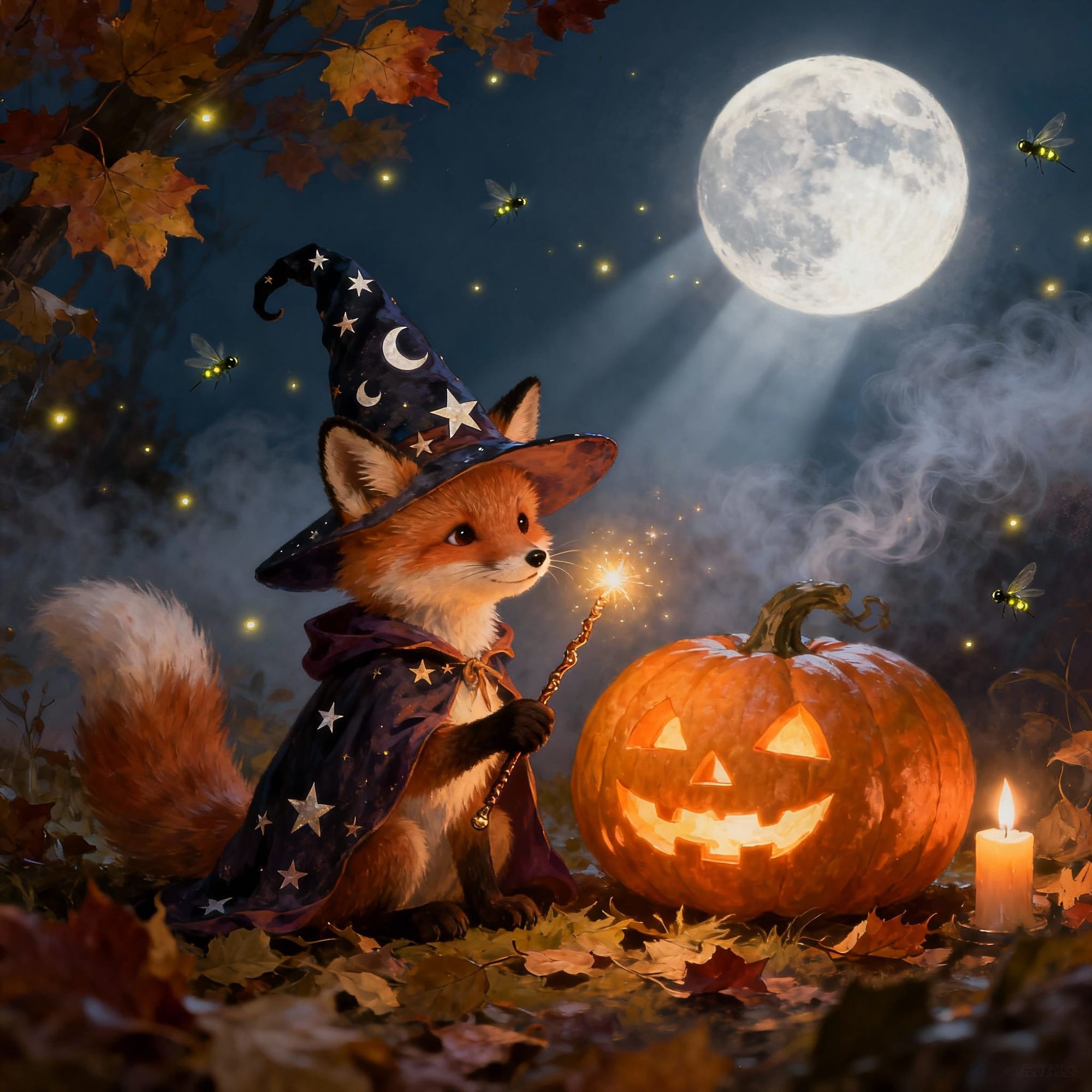 An adorable baby fox dressed in a tiny wizard costume, wearing a pointed hat with stars and moons, and holding a glowing wand in its paw. It...