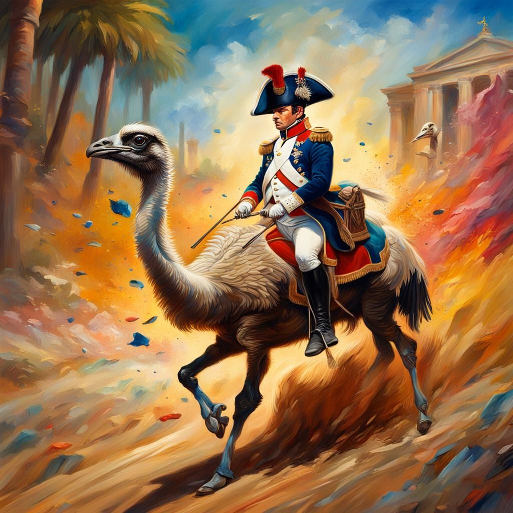 A painting of Napoleon riding an ostrich