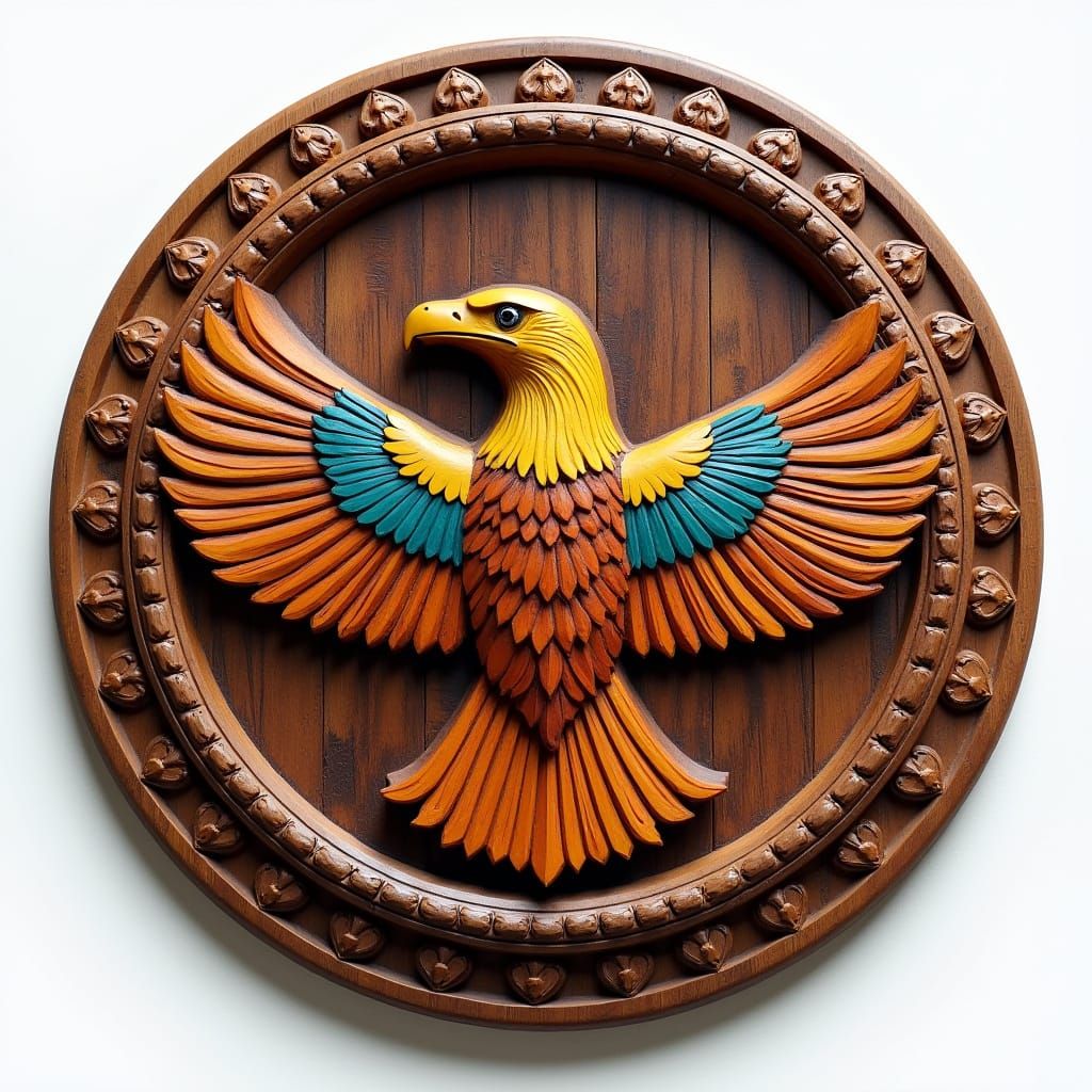 A wooden relief carving of a colorful eagle centered on a round wooden mount with intricate designs around the edges <lora:Wooden Carving:1....