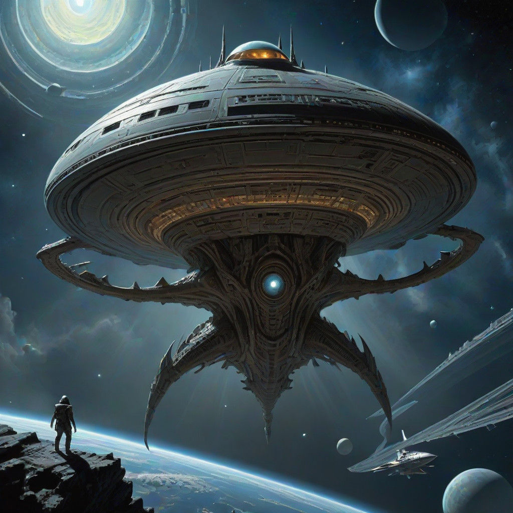 Alien spaceship in orbit - Gothic Cyberpunk Spaceship in Dar...