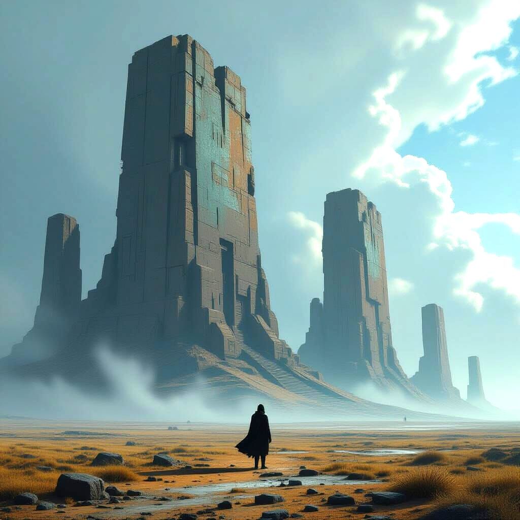 A solitary figure stands on a desolate, windswept plain under a sky filled with colossal, ancient ruins. The figure is small against the imm...