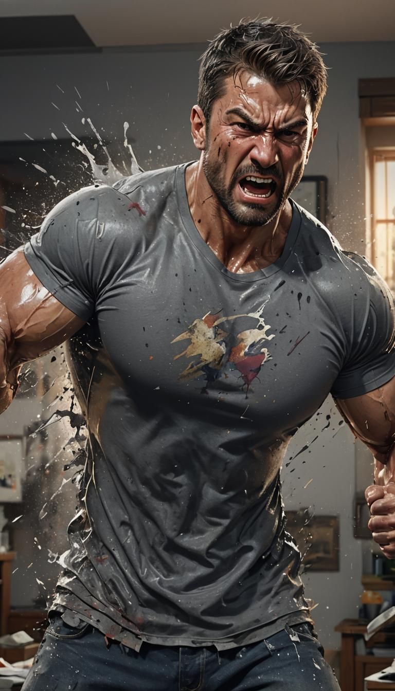man, muscular, indoors, house, grey shirt, night, furious