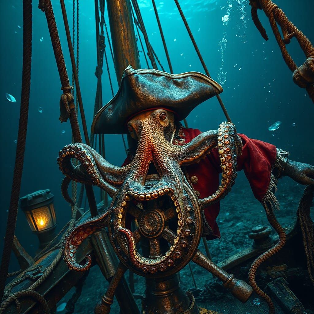 A highly detailed, photorealistic underwater scene of a sunken pirate ship, with a large octopus dressed ...  by @PVW