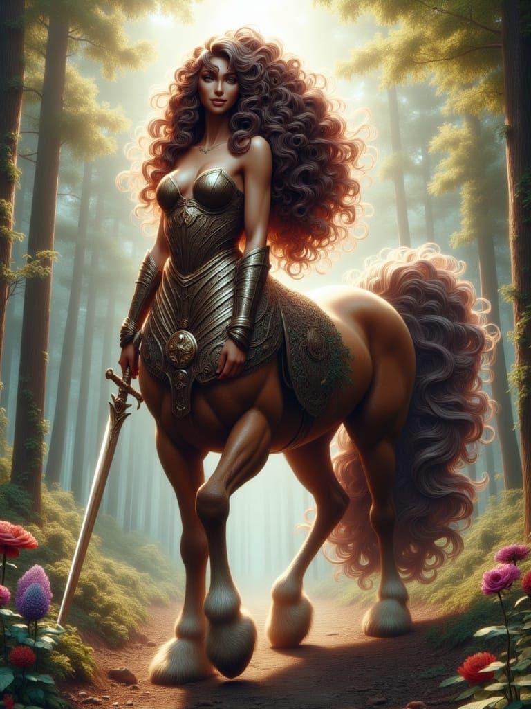 <lora:Flux Centaurs:1.0> Beautiful Centaur half-human half-horse,  wearing armor