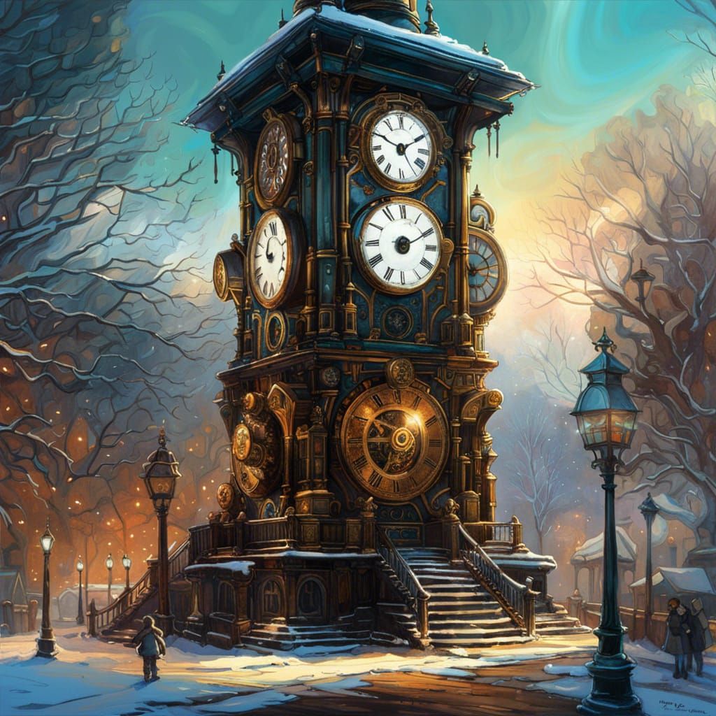 Steampunk clock tower in a winter park  by @Mike Ritchie