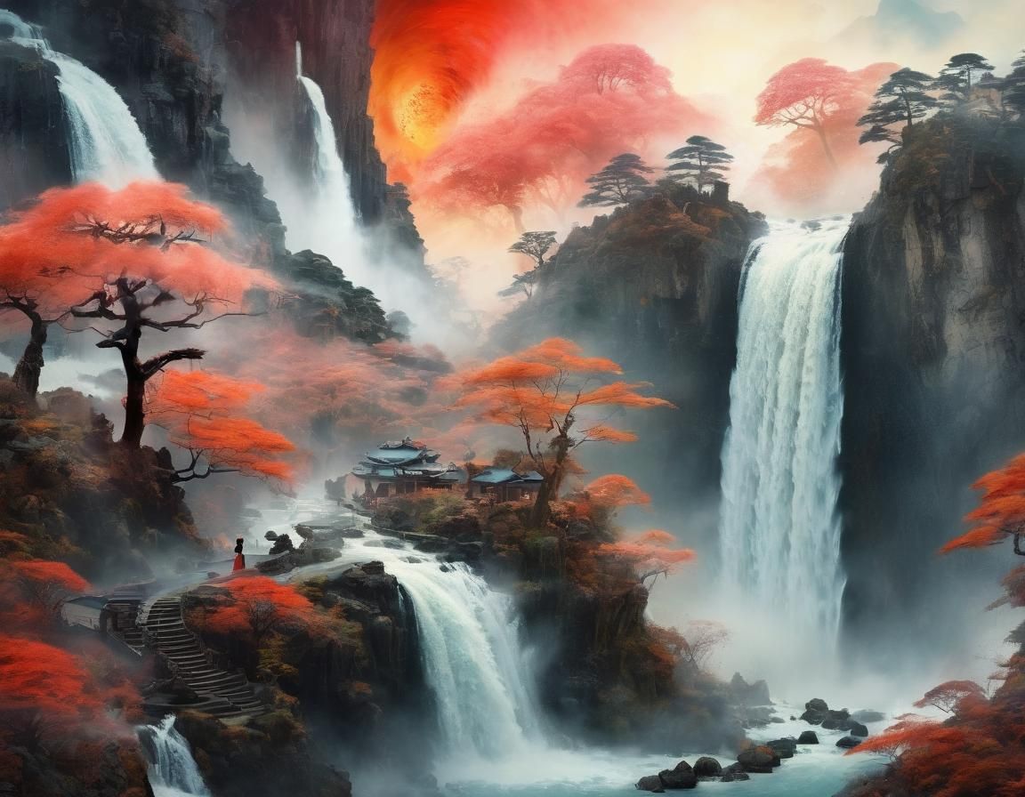 A beautiful ying and yang landscape made of misty pastel watercolor, epic waterfall with rainbow colours ...  by @AutumnBear