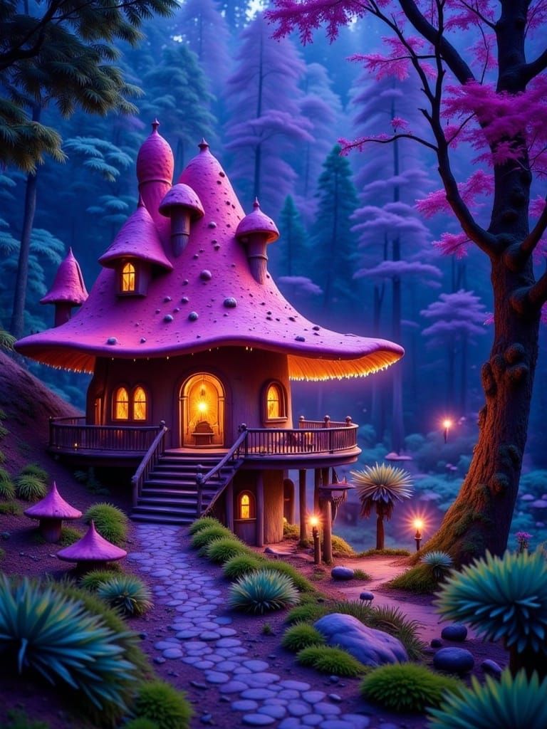 <lora:Holi for Flux:1.0> A fairy mushroom house in an enchanted bioluminescent forest.