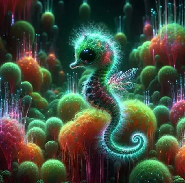 Teeny Tiny Red-Green Fluffy Seahorse