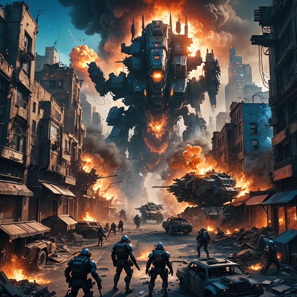 Epic Fantasy War Scene in Ruined Cityscape