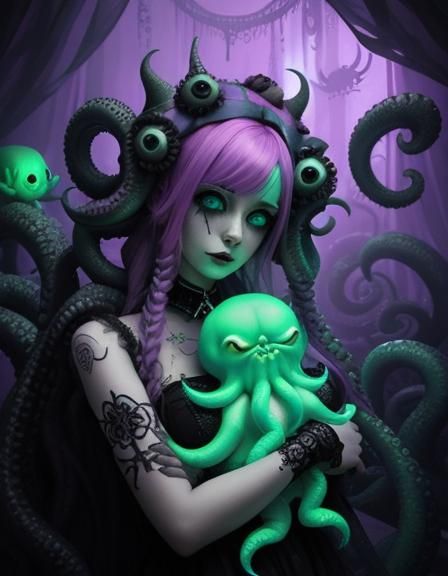 A Adorably Terrifying Pastel Punk Princess cuddling a Cthulh...