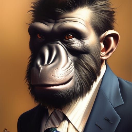 Ape in suit ,5D lighting,surreal fantasy art,detailed face,5...