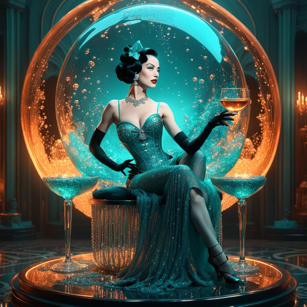 Beautiful burlesque dancer, styled like Dita Von Teese, in a...