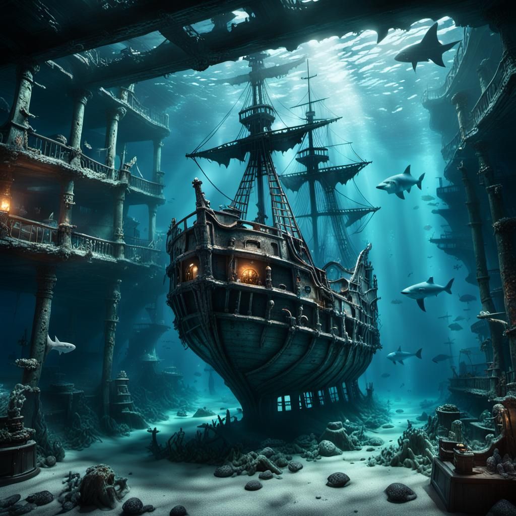 Inside an underwater sunken pirate ship with pirate ghosts f...