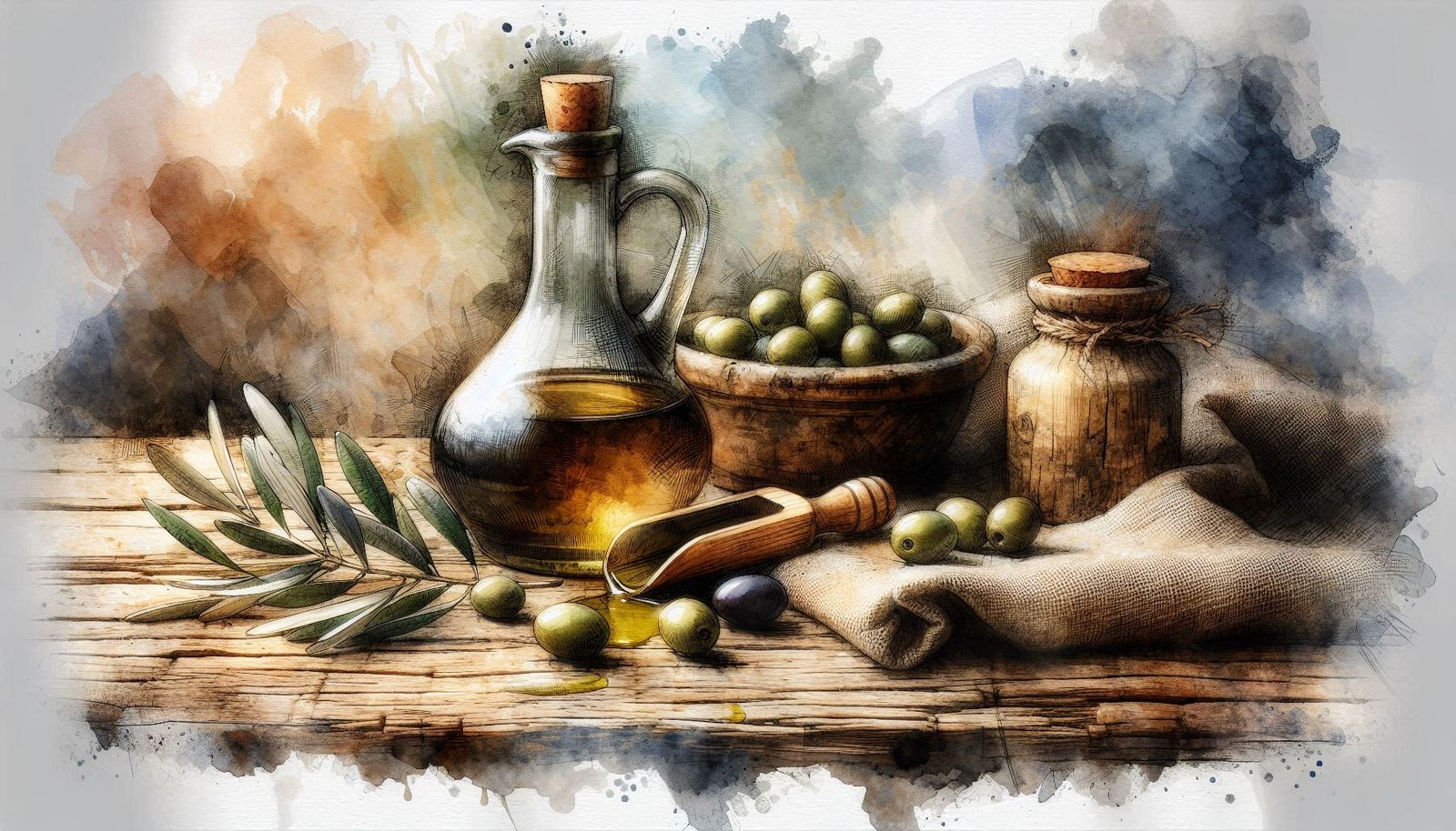 Still life, Olive oil glass bottle, olive branch, rough linen cloth