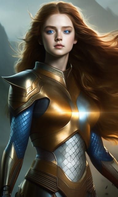 Warrior girl with wavy red hair 113