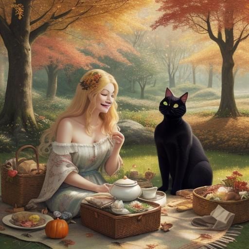 Anthropomorphic Black Cat Family Picnic in Fantasy Illustrat...