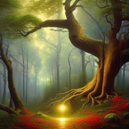 Realistic Forest Landscape with Oak Tree in Oil Painting Sty...