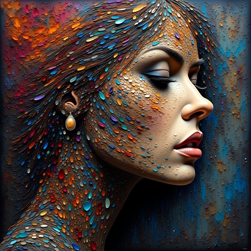 <lora:Pebble Art:1.2> A woman's enigmatic portrait, shrouded in an aura of mystique, her eyes cast downward, lips pursed in quiet contemplat...