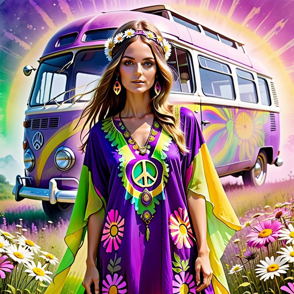 A  hippie woman from the 60's wearing a kaftan dress with 
Decorative  art psychadelicc hippie style ...  by @Jen