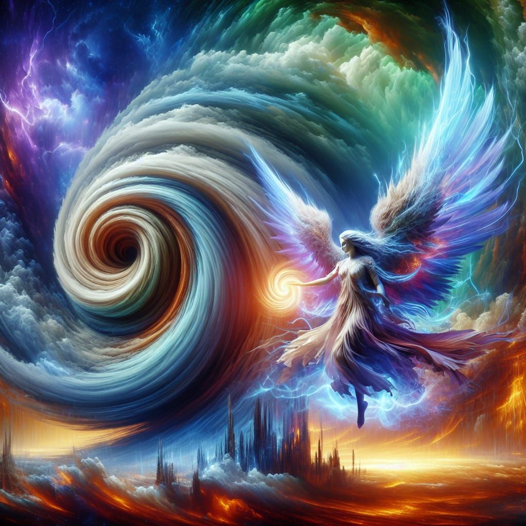 A brave, dramatic fierce angel in the middle of a massive tornado diffusing its power  by @Andrea Angel