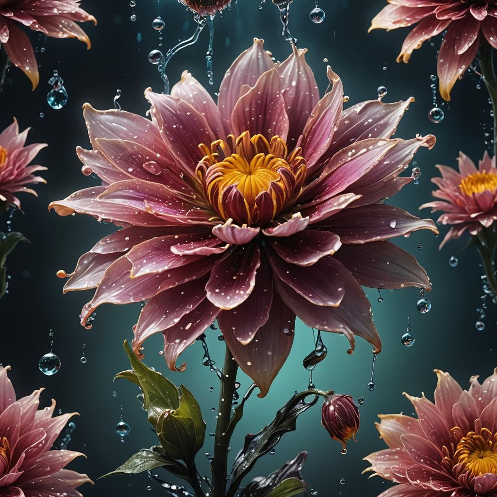 "a glowing flower hybrid, in a liquid sinister background, s...