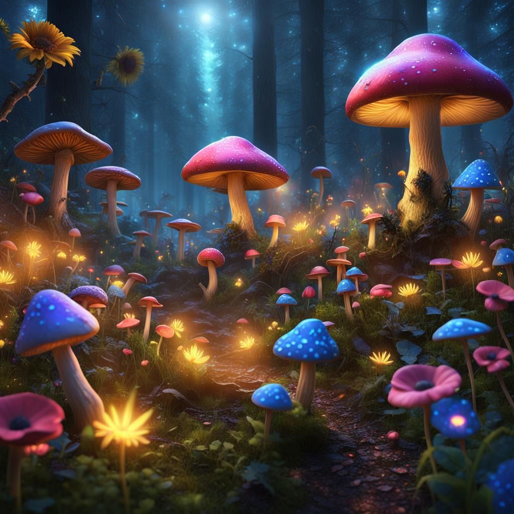 Fantasy Mushroom party in a forest with a lot of lights, far...