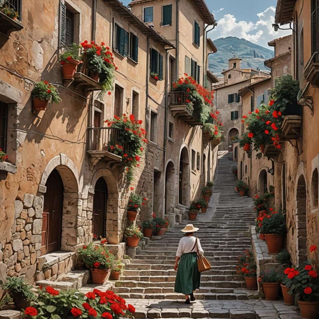 old italian village street with woman coming down stairs wie...