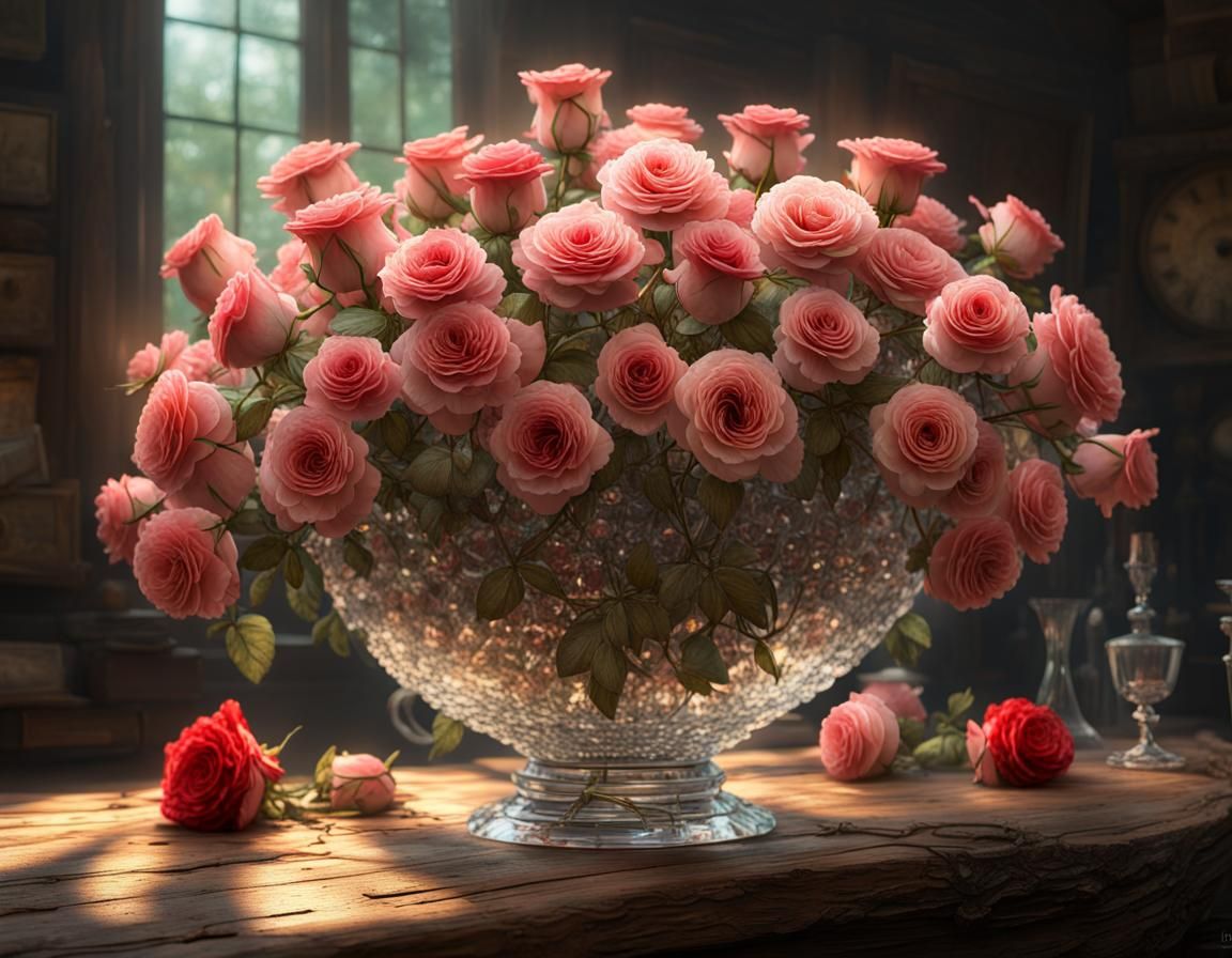 Hundreds of Roses in a Crystal vase - AI Generated Artwork - NightCafe