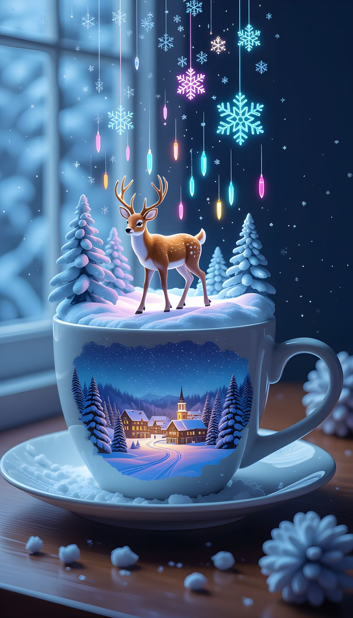 ...

Deep, aerial, double exposure, miniature on a mug on a table, on the mug is an isometric 3D volumetric cartoon digital microcosm of win...