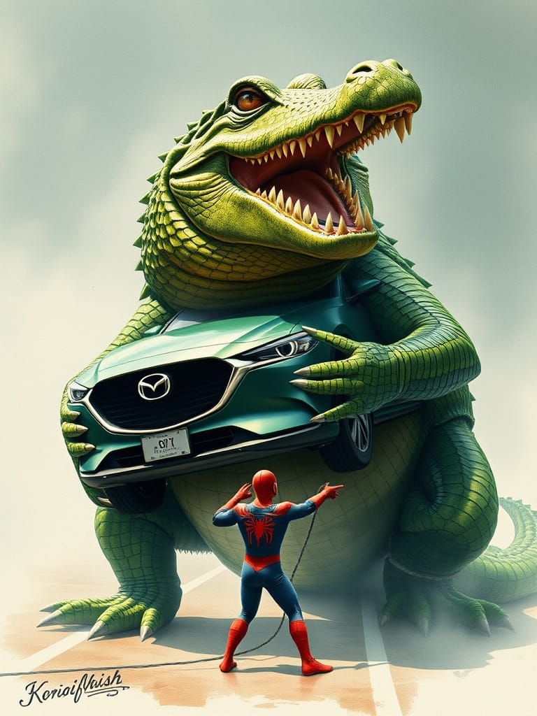 Spiderman and Crocodile Car Ball, Watercolor Style