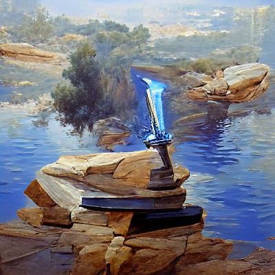 Gleaming blue sword on a rock pedestal