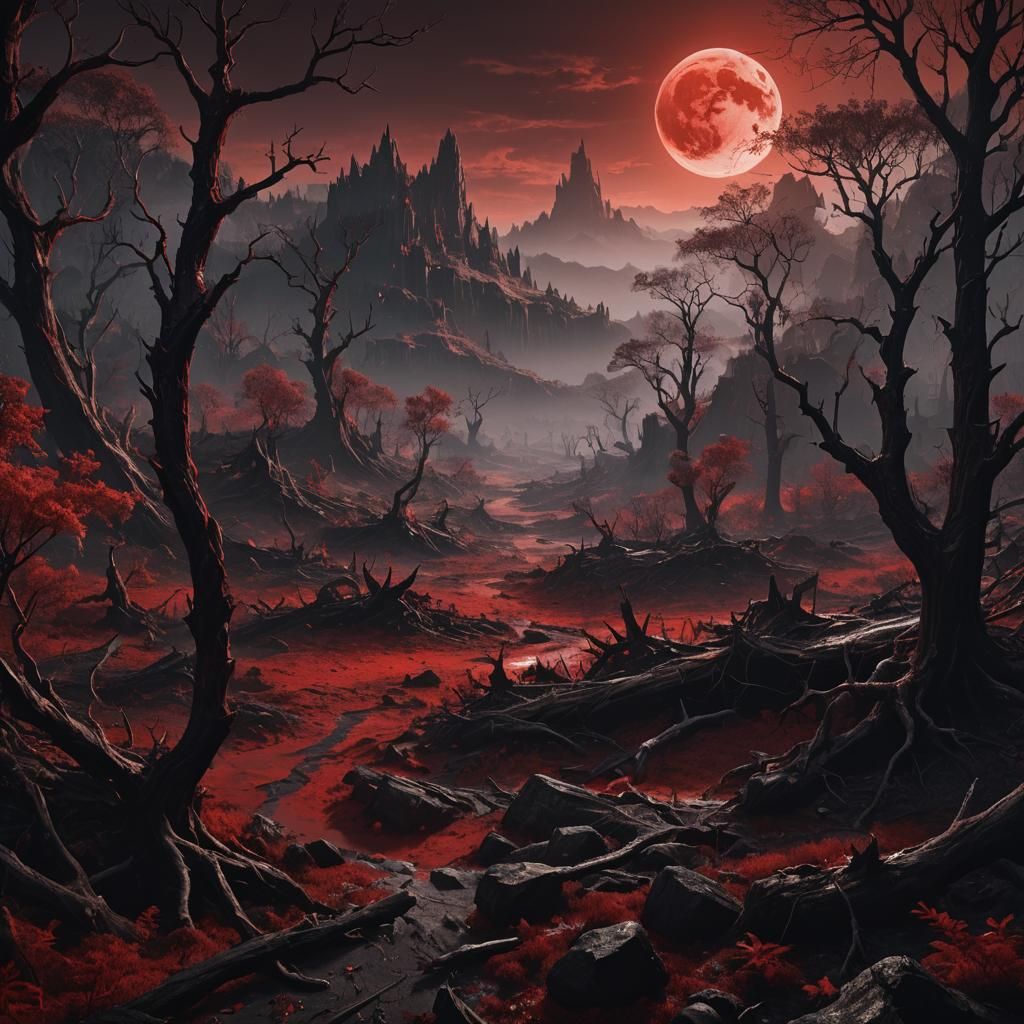 A red moon shining over a dark decaying forest, bathing the blood red shine, blanketing the valley
