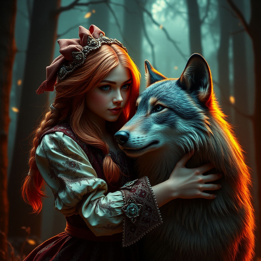 Little Red Riding hugging a Wolf