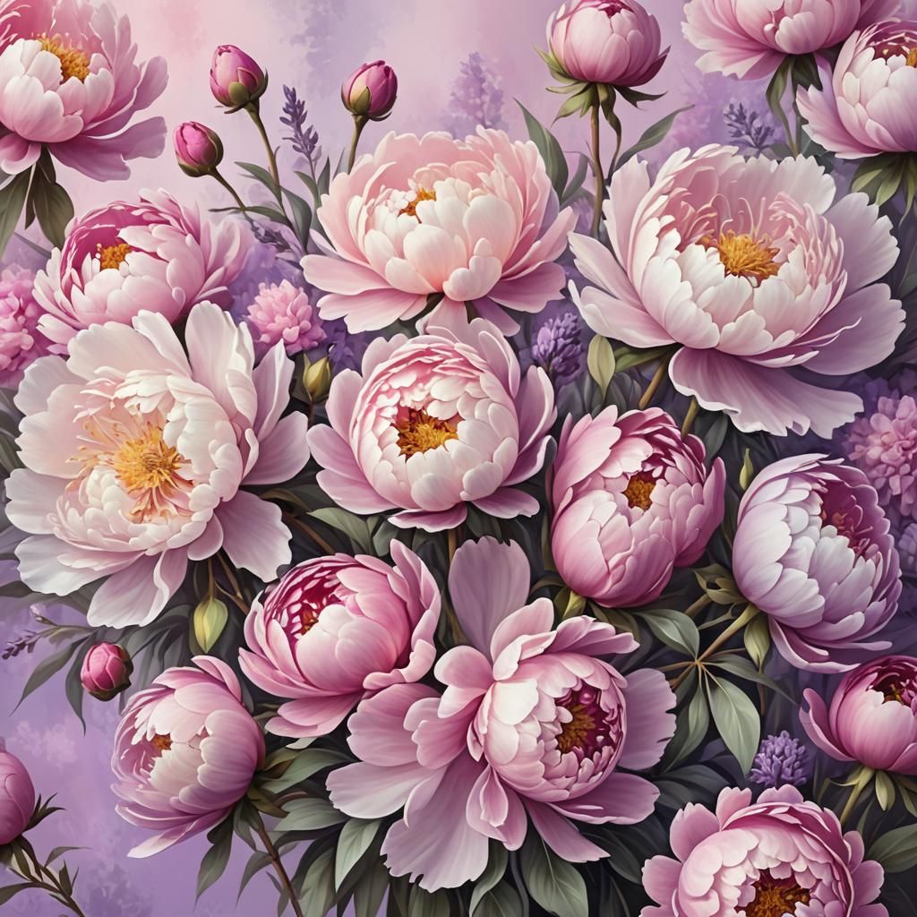 Digital painting in a romantic style. Lush peonies in a bouq...