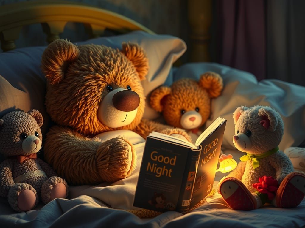 a teddy bear reading a good night story to a little girl who is in bed with the covers over her and her ...  by @Kindly Offer