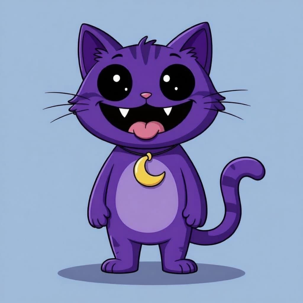 A standing creepy purple 2D cartoon cat with a large, smiling, completely black mouth except for tiny cartoon tongue and completely black ey...