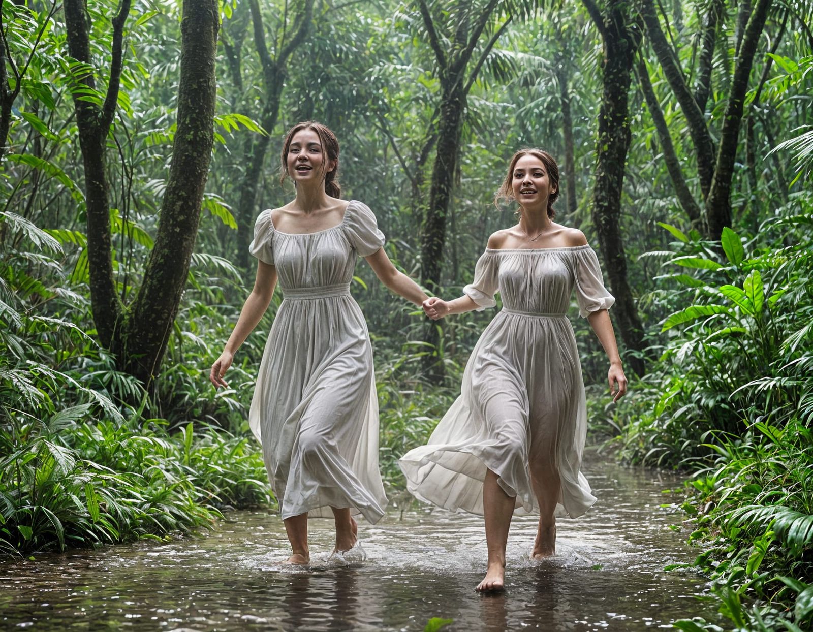 Happy Princess running in the wet jungle after rain, she put...