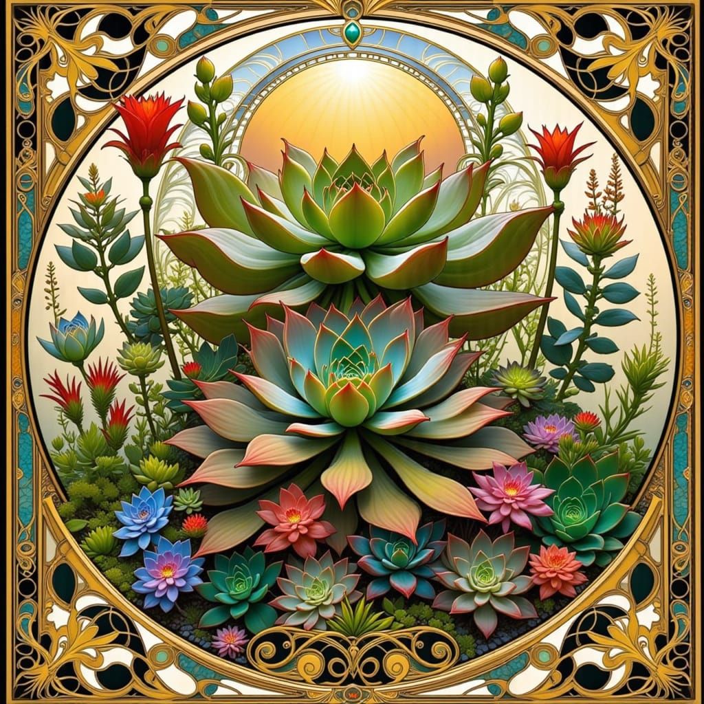 Art Nouveau Succulent Plant with Scientific Details